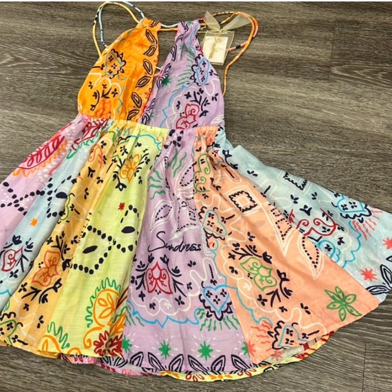 Sundress Crystal Halter Mini Dress Xs Saint Tropez Patchwork Open Back Nwt Boho — image 5 of 8